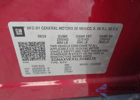 2020 Chevrolet Equinox Awd Lt 2.0L Turbo из США, поврежденный, VIN 3GNAXVEX1LS548175